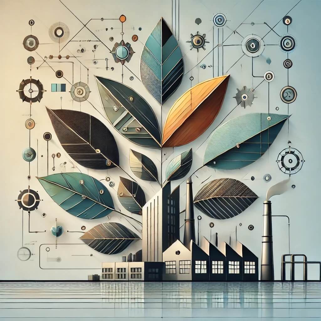 Abstract geometric illustration of a sustainable manufacturing facility with layered leaf-like structures, symbolizing eco-friendly production and data-driven insights. Uses a muted green and earth-toned color palette.